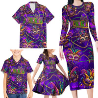Mardi Gras Family Matching Long Sleeve Bodycon Dress and Hawaiian Shirt Mask Glitter Art