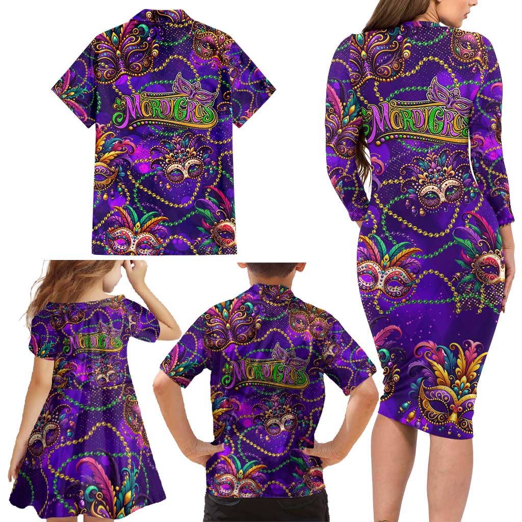 Mardi Gras Family Matching Long Sleeve Bodycon Dress and Hawaiian Shirt Mask Glitter Art
