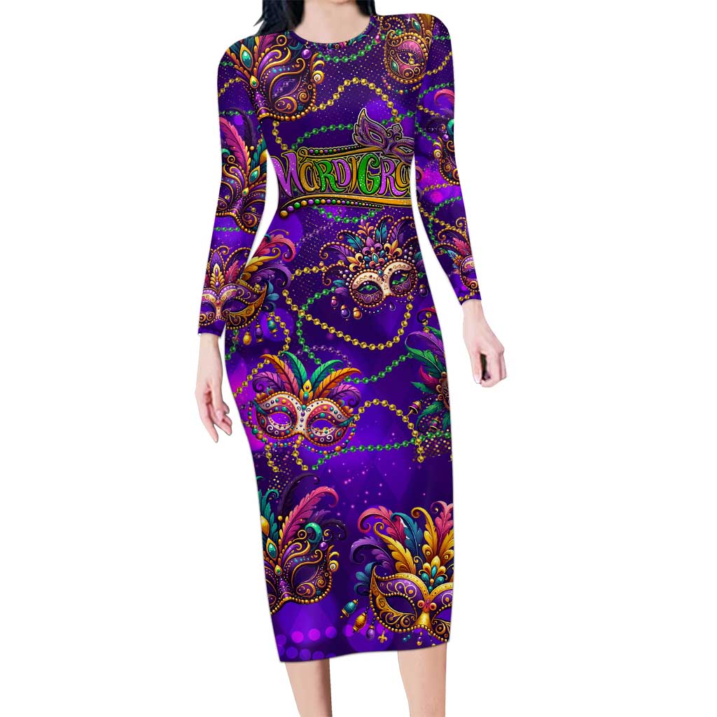 Mardi Gras Family Matching Long Sleeve Bodycon Dress and Hawaiian Shirt Mask Glitter Art