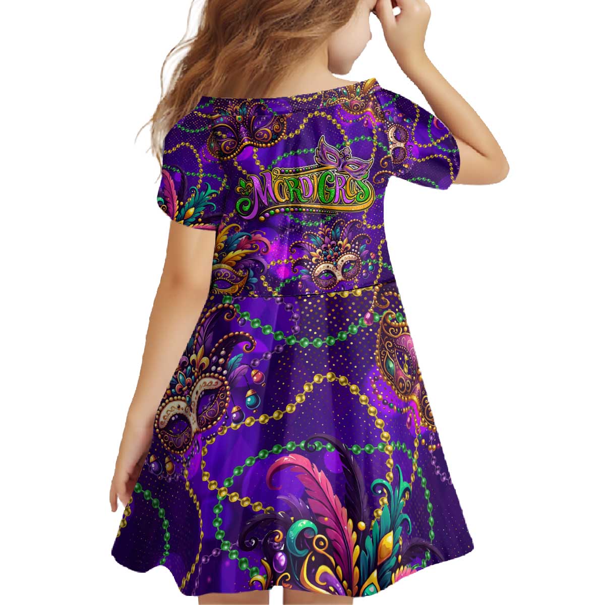 Mardi Gras Family Matching Off The Shoulder Long Sleeve Dress and Hawaiian Shirt Mask Glitter Art