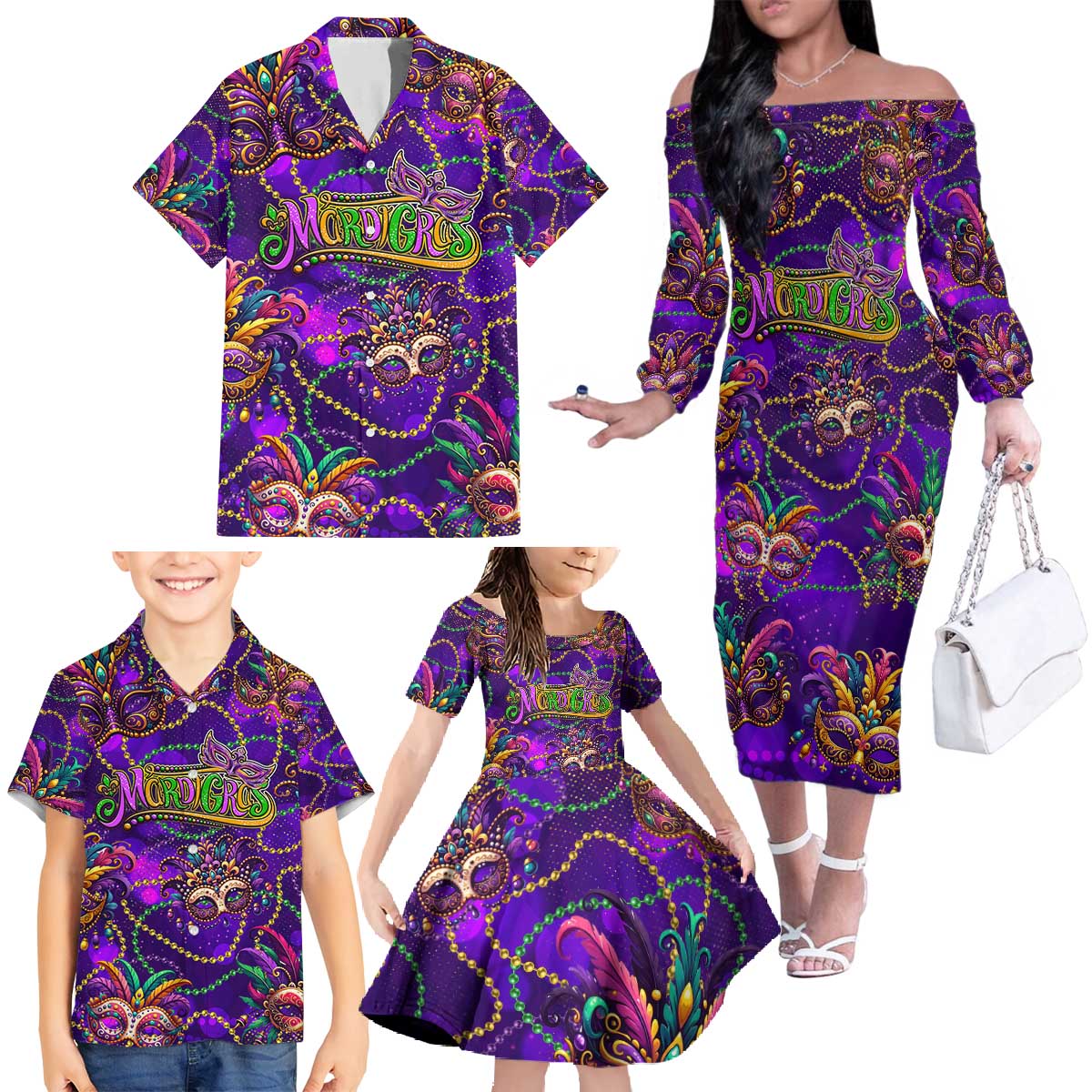 Mardi Gras Family Matching Off The Shoulder Long Sleeve Dress and Hawaiian Shirt Mask Glitter Art