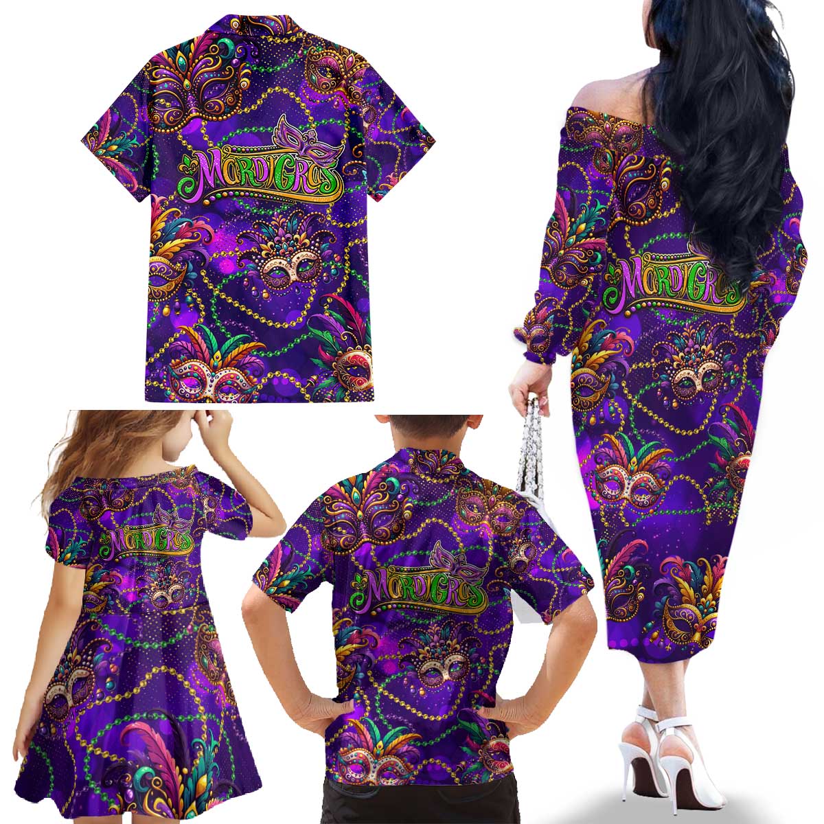 Mardi Gras Family Matching Off The Shoulder Long Sleeve Dress and Hawaiian Shirt Mask Glitter Art