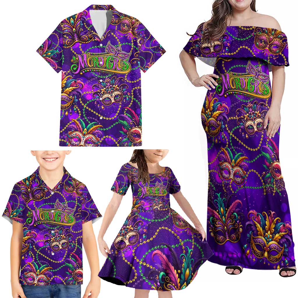 Mardi Gras Family Matching Off Shoulder Maxi Dress and Hawaiian Shirt Mask Glitter Art