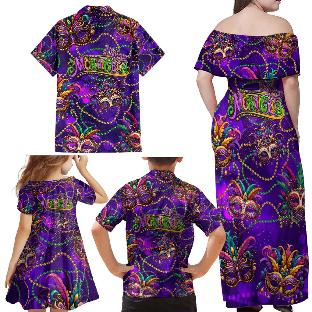 Mardi Gras Family Matching Off Shoulder Maxi Dress and Hawaiian Shirt Mask Glitter Art
