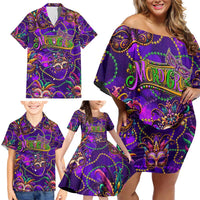 Mardi Gras Family Matching Off Shoulder Short Dress and Hawaiian Shirt Mask Glitter Art - Wonder Print Shop