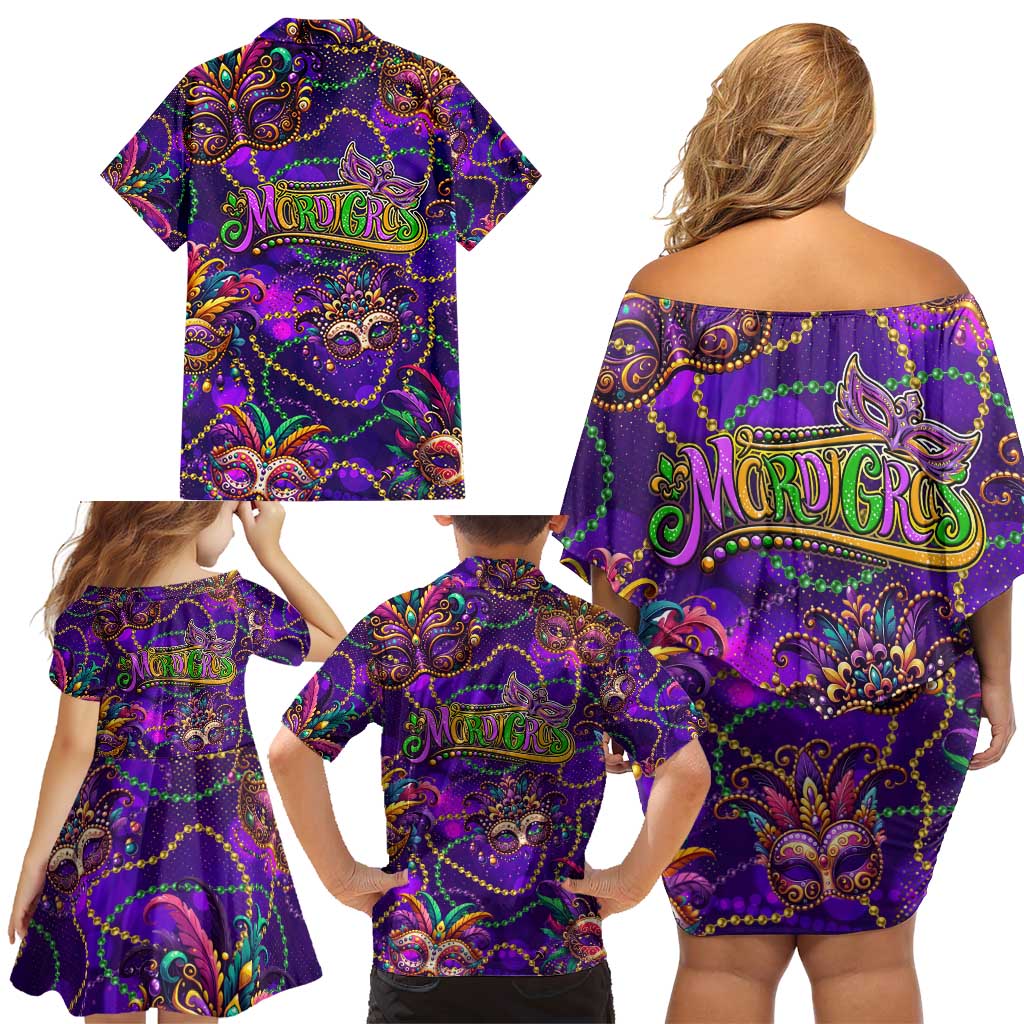 Mardi Gras Family Matching Off Shoulder Short Dress and Hawaiian Shirt Mask Glitter Art - Wonder Print Shop