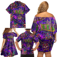 Mardi Gras Family Matching Off Shoulder Short Dress and Hawaiian Shirt Mask Glitter Art - Wonder Print Shop