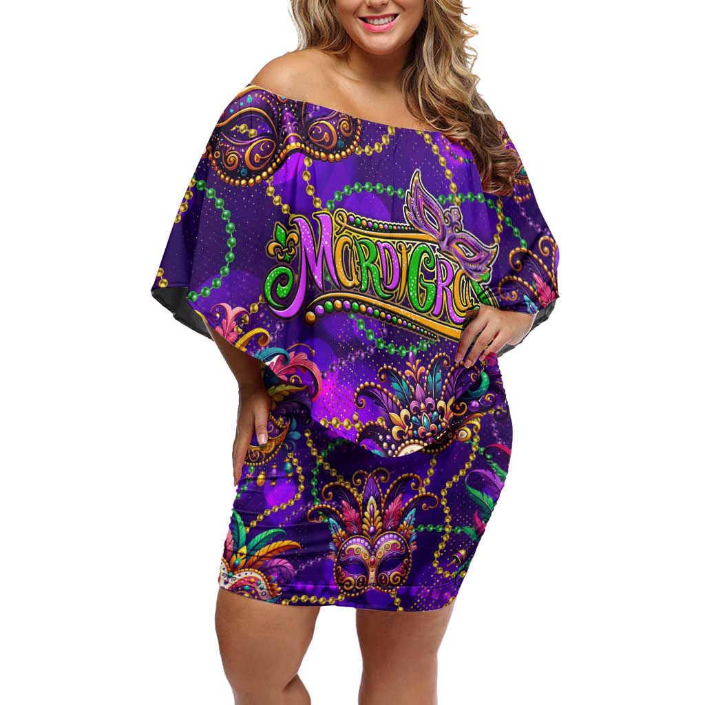 Mardi Gras Family Matching Off Shoulder Short Dress and Hawaiian Shirt Mask Glitter Art - Wonder Print Shop