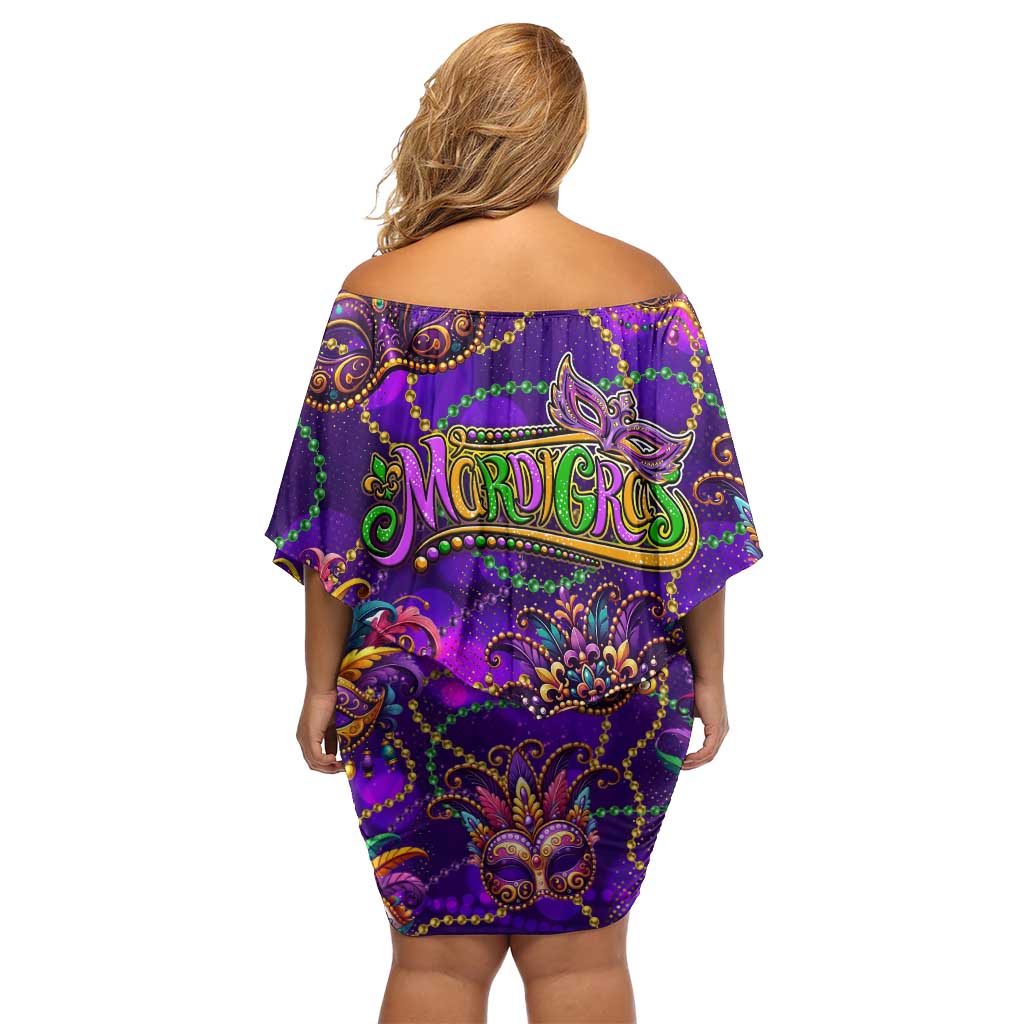 Mardi Gras Family Matching Off Shoulder Short Dress and Hawaiian Shirt Mask Glitter Art - Wonder Print Shop