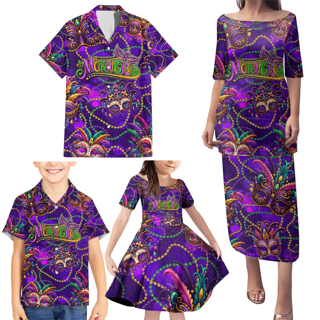 Mardi Gras Family Matching Puletasi and Hawaiian Shirt Mask Glitter Art