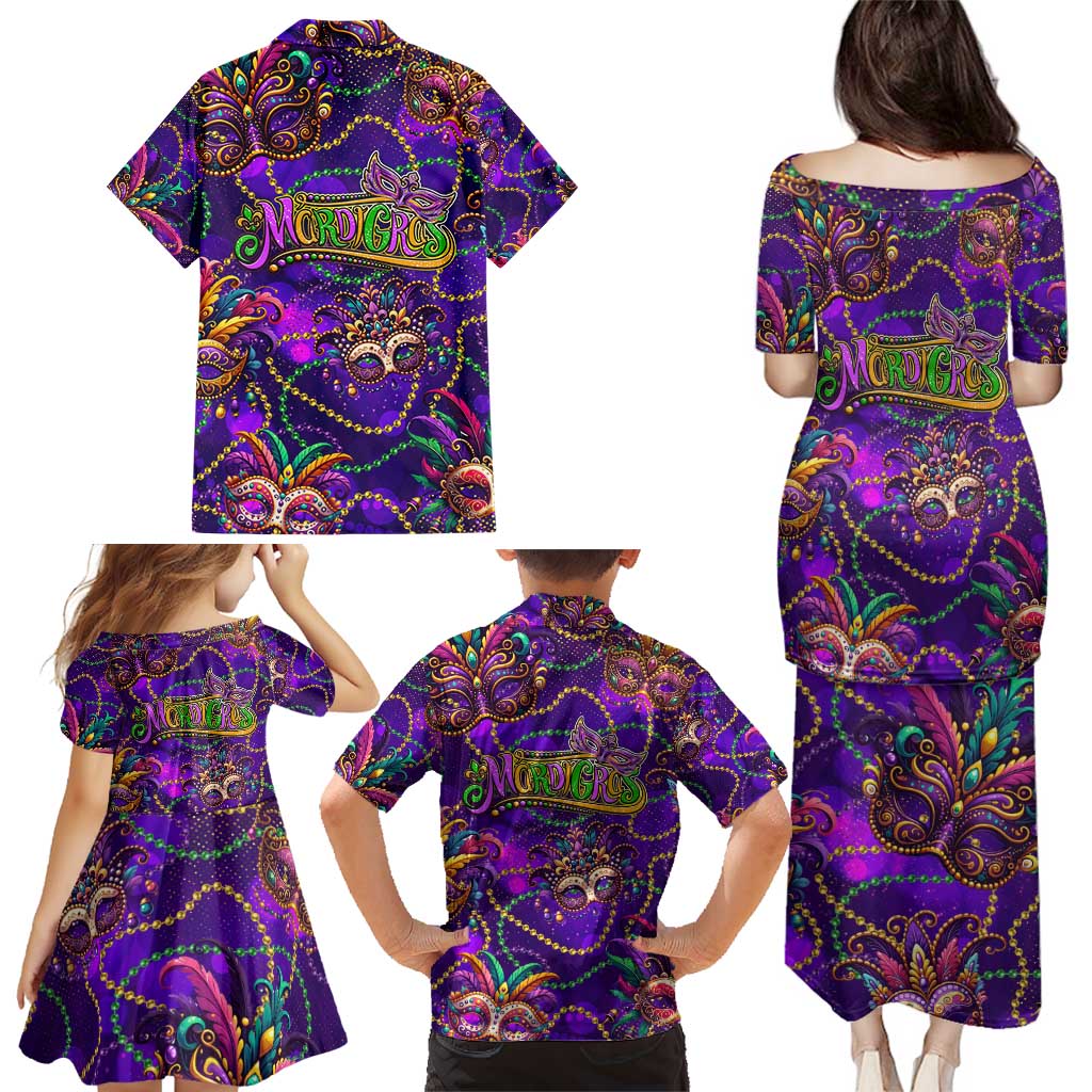 Mardi Gras Family Matching Puletasi and Hawaiian Shirt Mask Glitter Art