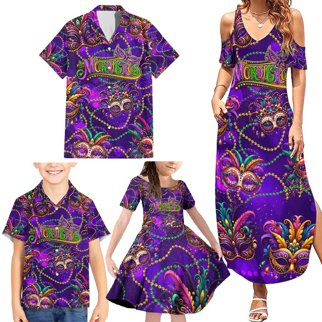 Mardi Gras Family Matching Summer Maxi Dress and Hawaiian Shirt Mask Glitter Art - Wonder Print Shop