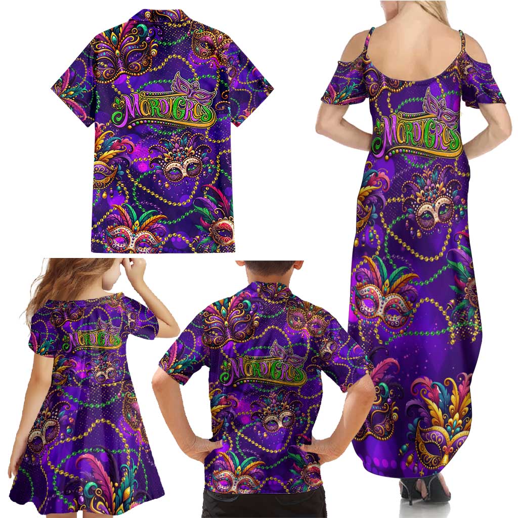 Mardi Gras Family Matching Summer Maxi Dress and Hawaiian Shirt Mask Glitter Art - Wonder Print Shop