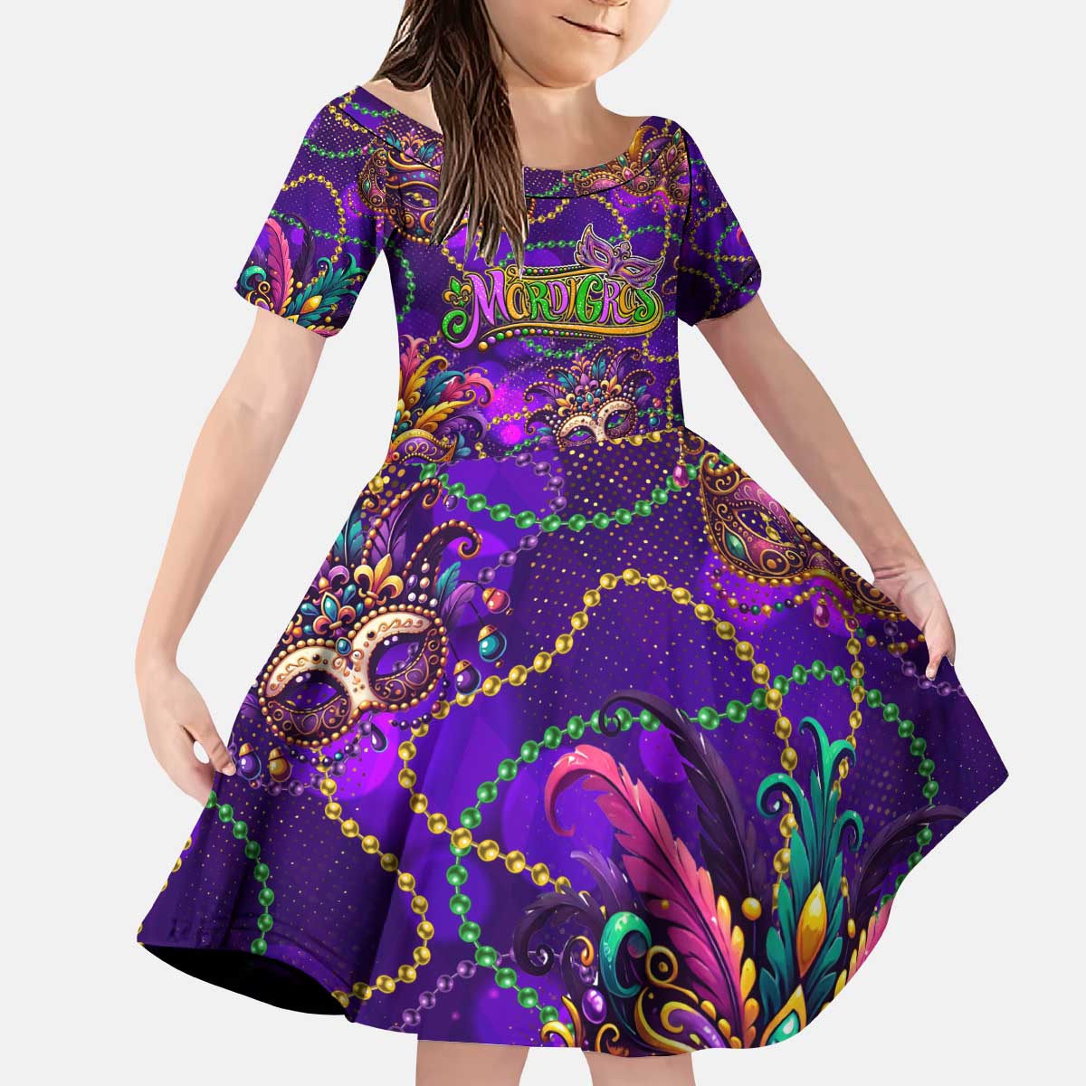 Mardi Gras Kid Short Sleeve Dress Mask Glitter Art - Wonder Print Shop