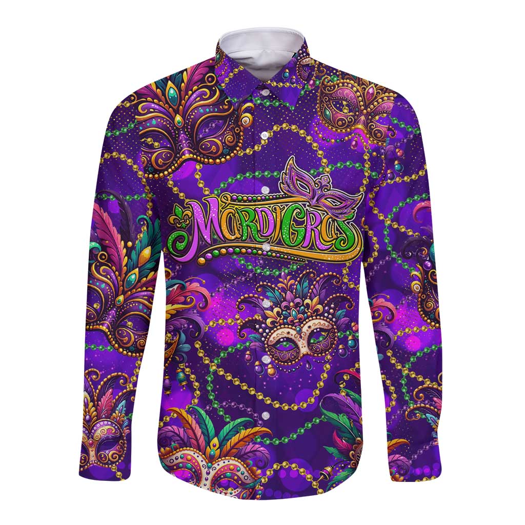 Mardi Gras Long Sleeve Button Shirt Mask Glitter Art