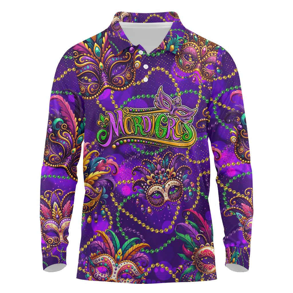 Mardi Gras Long Sleeve Polo Shirt Mask Glitter Art - Wonder Print Shop
