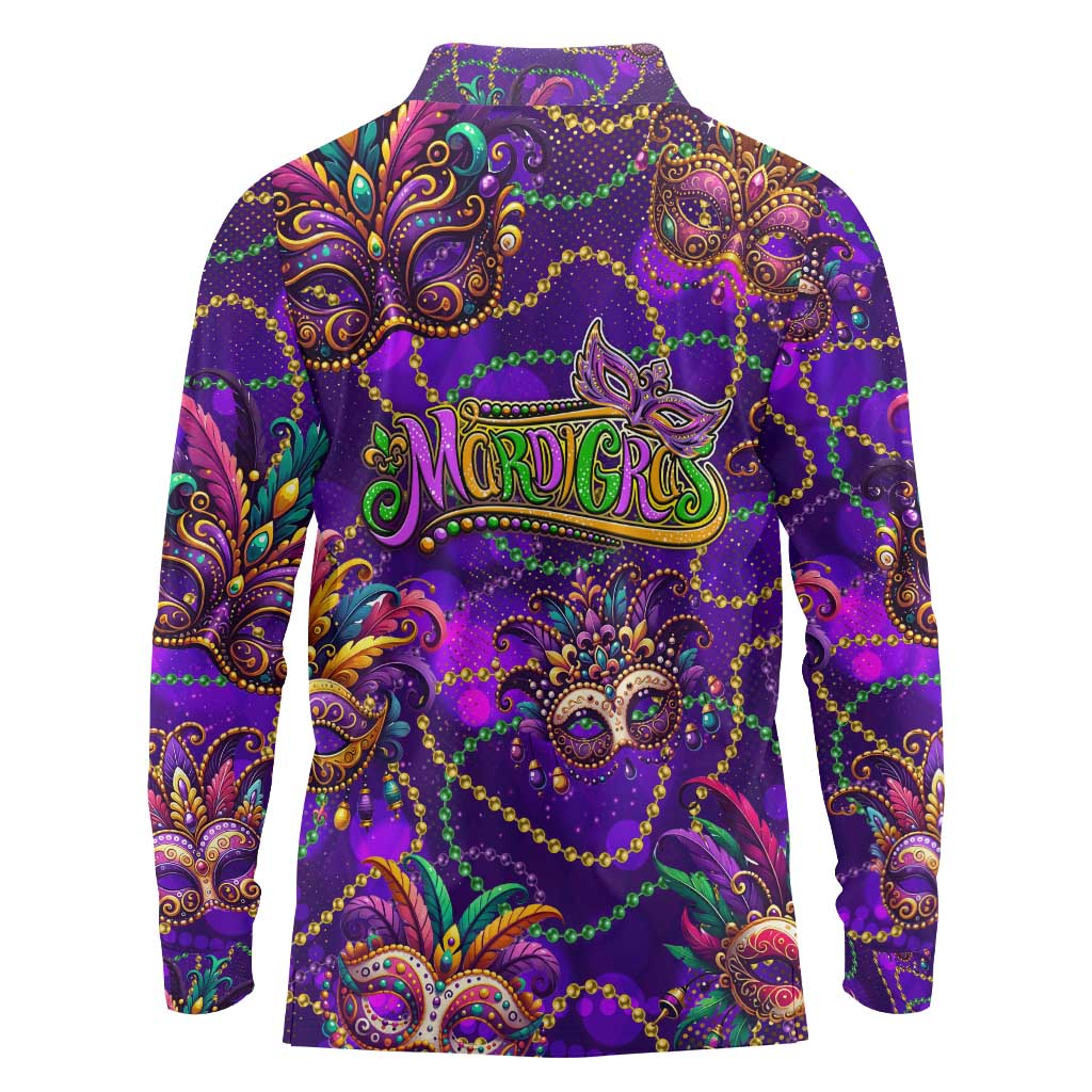 Mardi Gras Long Sleeve Polo Shirt Mask Glitter Art - Wonder Print Shop