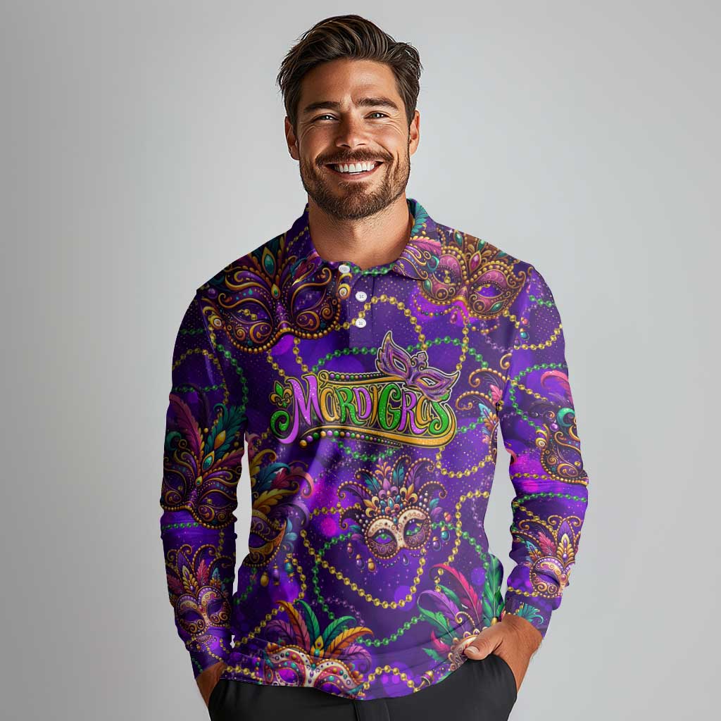 Mardi Gras Long Sleeve Polo Shirt Mask Glitter Art - Wonder Print Shop
