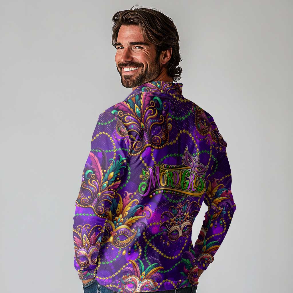 Mardi Gras Long Sleeve Polo Shirt Mask Glitter Art - Wonder Print Shop