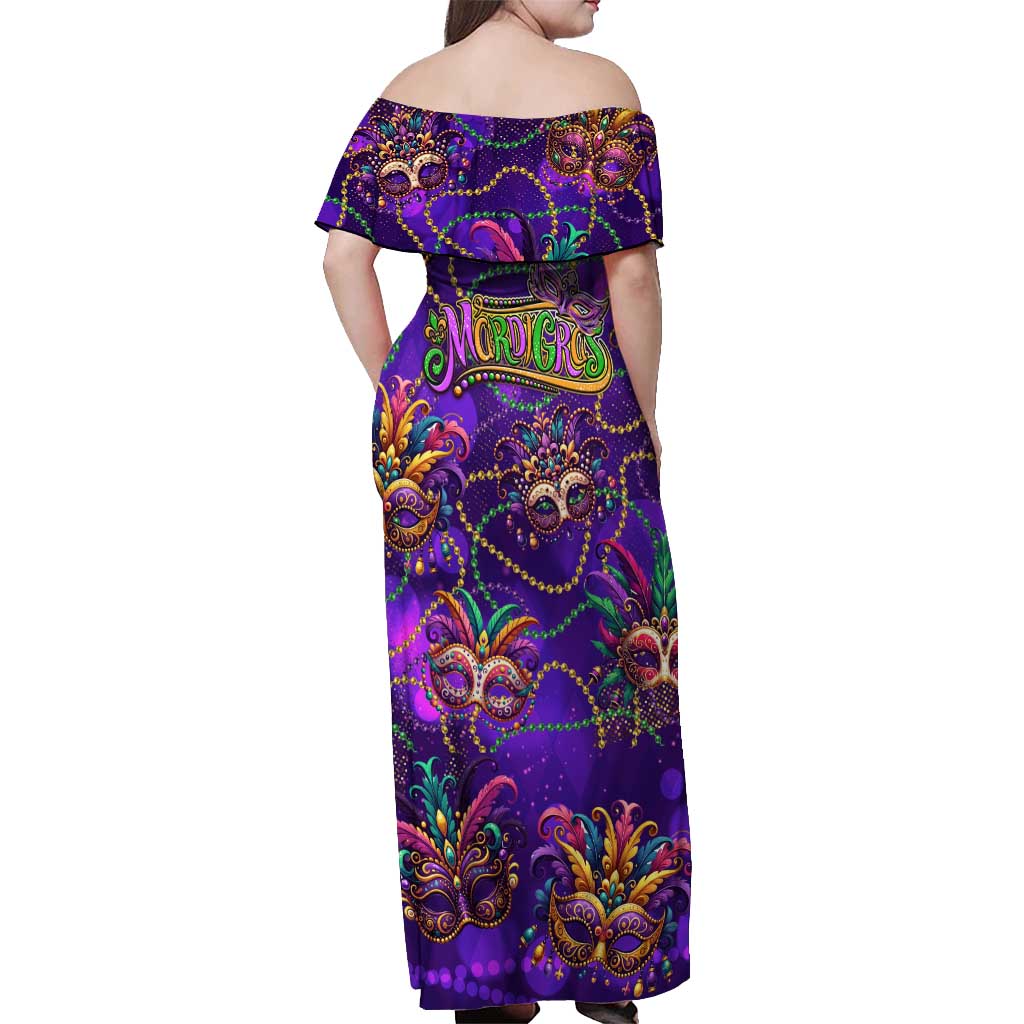 Mardi Gras Off Shoulder Maxi Dress Mask Glitter Art - Wonder Print Shop