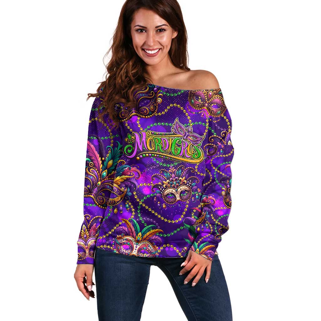 Mardi Gras Off Shoulder Sweater Mask Glitter Art - Wonder Print Shop