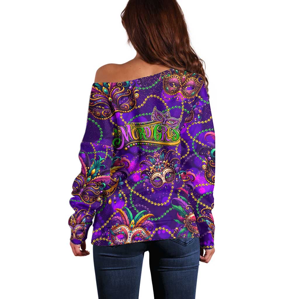Mardi Gras Off Shoulder Sweater Mask Glitter Art - Wonder Print Shop