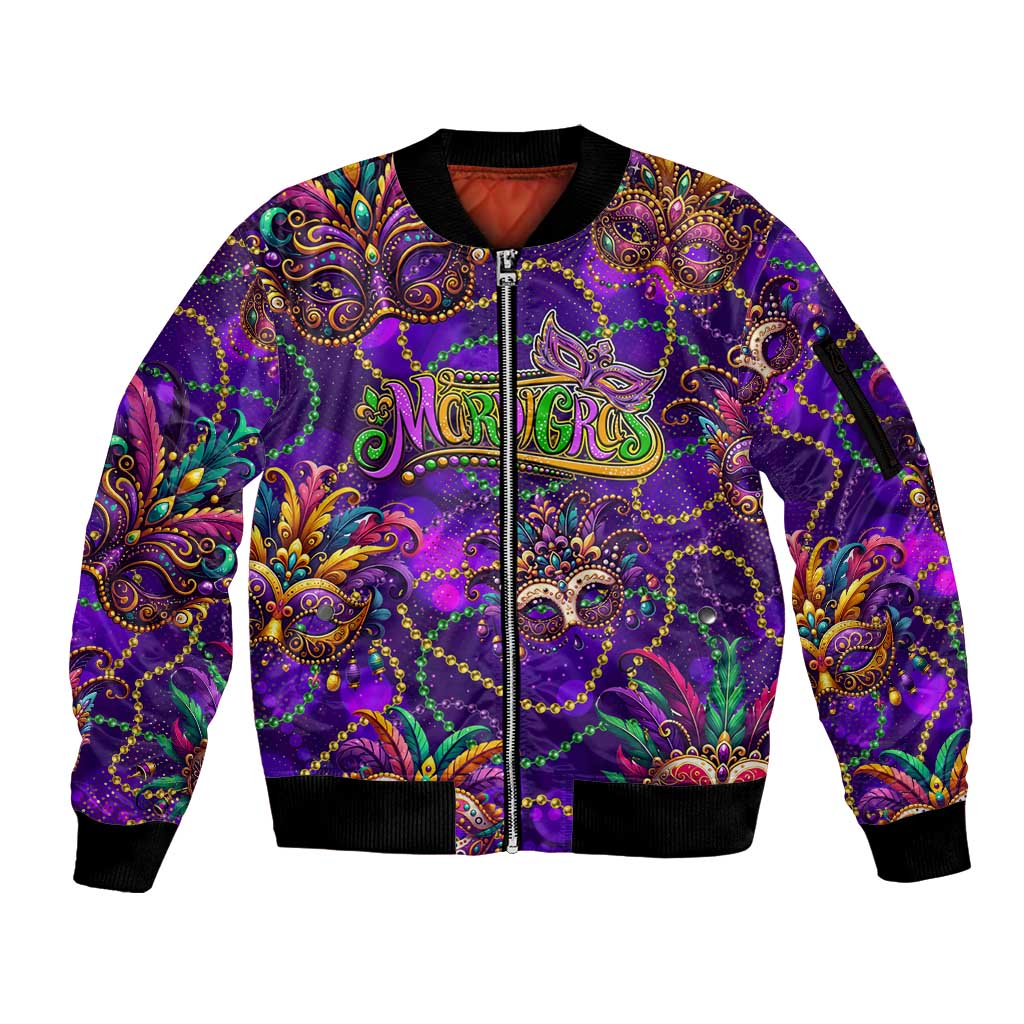 Mardi Gras Sleeve Zip Bomber Jacket Mask Glitter Art - Wonder Print Shop