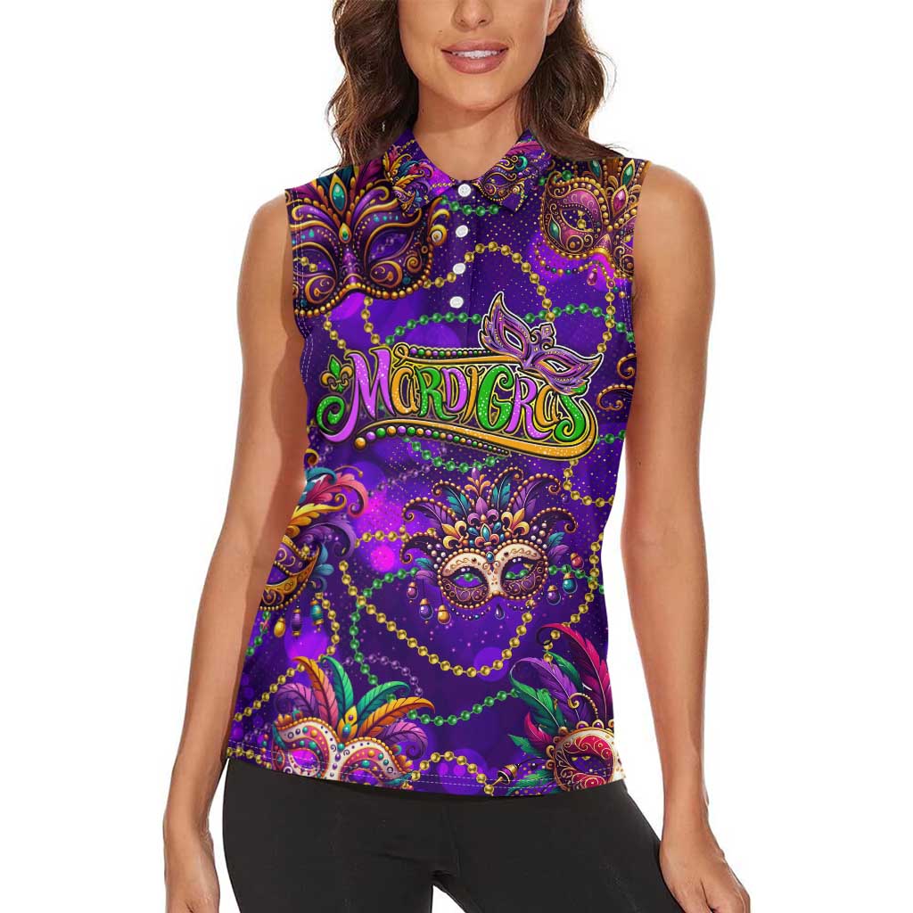 Mardi Gras Women Sleeveless Polo Shirt Mask Glitter Art - Wonder Print Shop