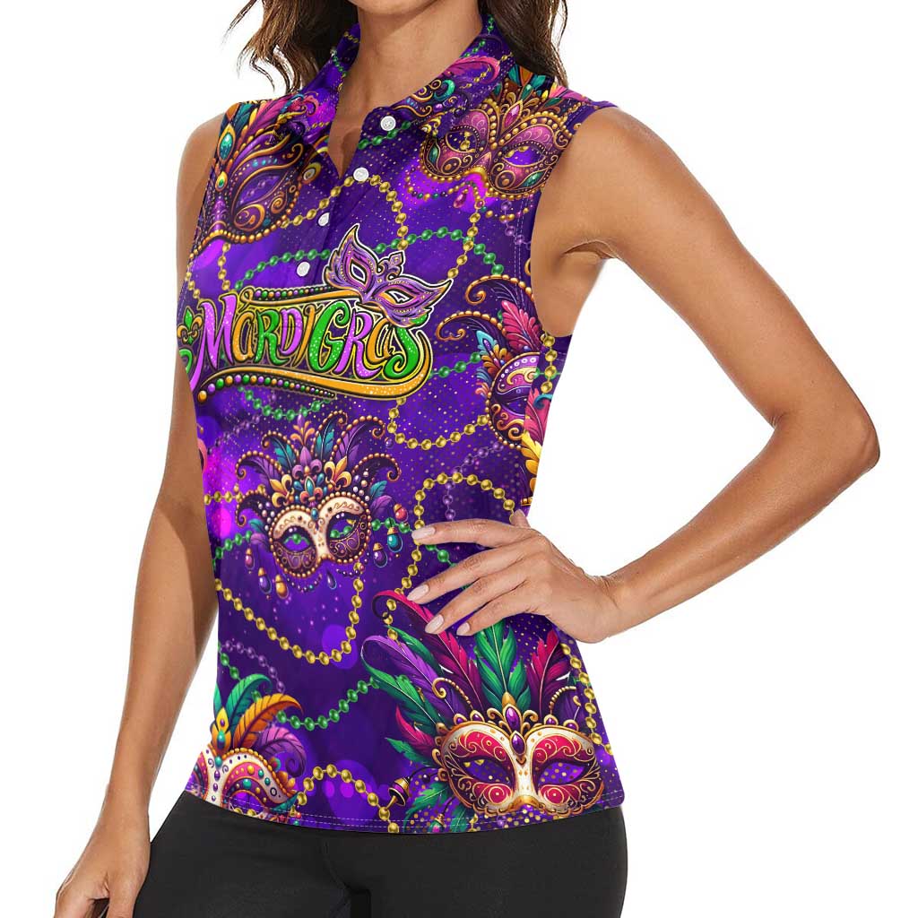Mardi Gras Women Sleeveless Polo Shirt Mask Glitter Art - Wonder Print Shop