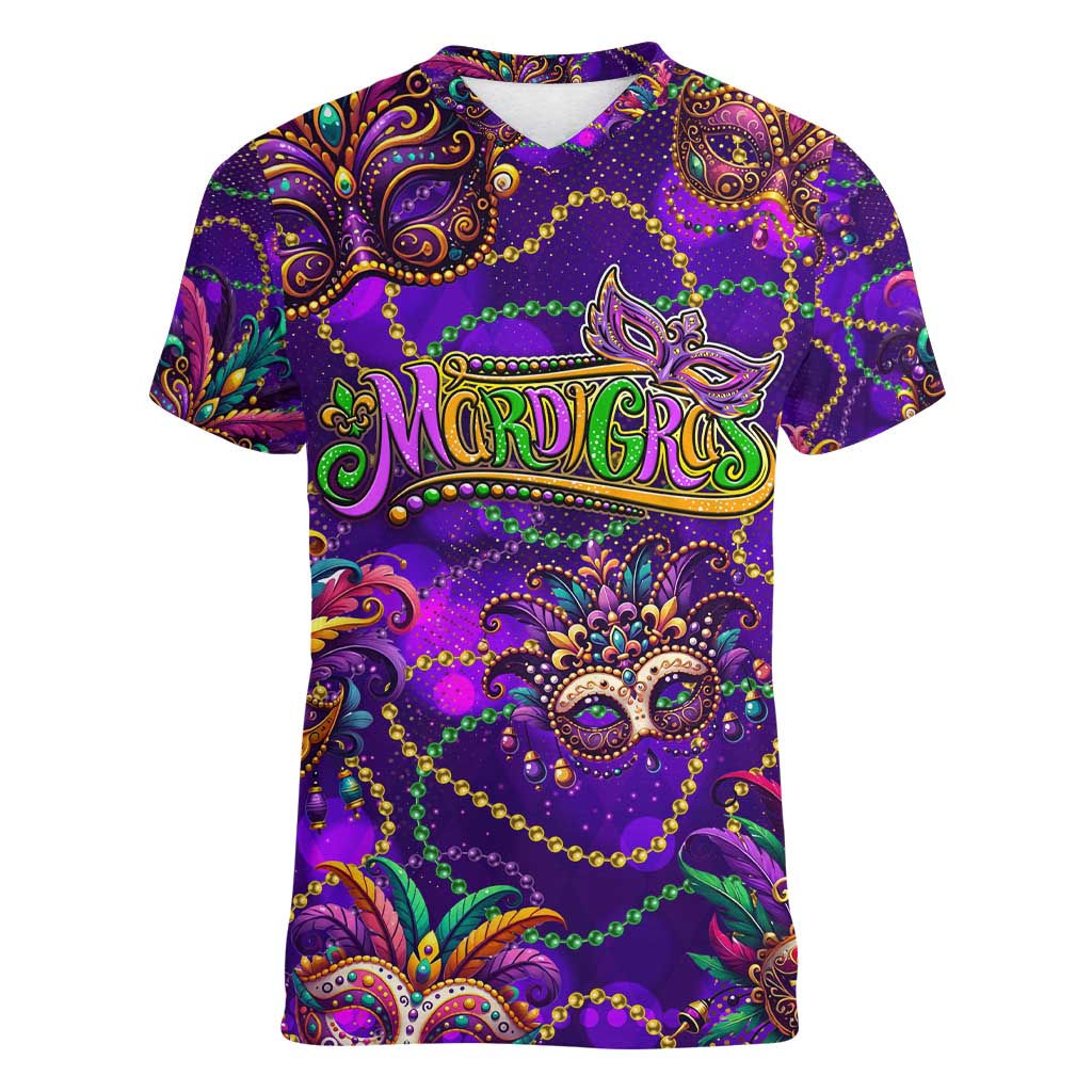 Mardi Gras Women V-Neck T-Shirt Mask Glitter Art - Wonder Print Shop