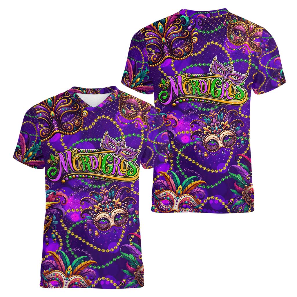 Mardi Gras Women V-Neck T-Shirt Mask Glitter Art - Wonder Print Shop