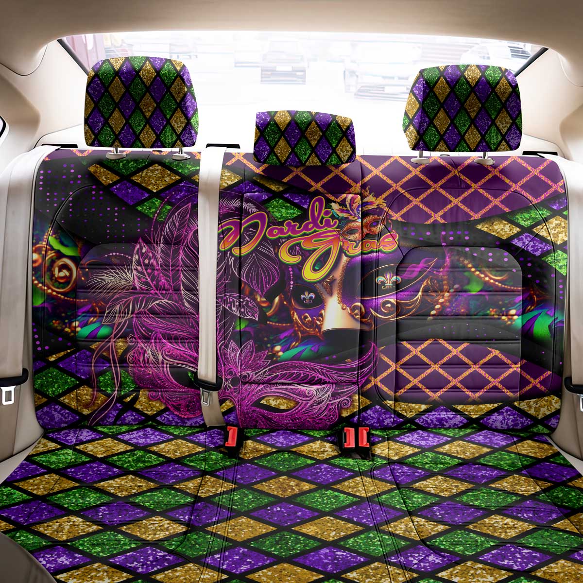 Happy Mardi Gras Back Car Seat Cover Mask Feather Colorfull