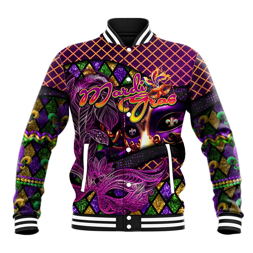Happy Mardi Gras Baseball Jacket Mask Feather Colorfull