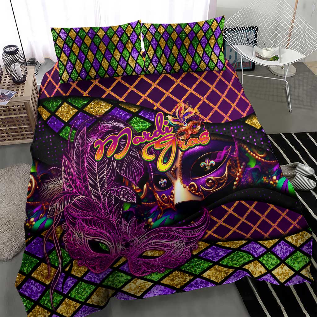 Happy Mardi Gras Bedding Set Mask Feather Colorfull