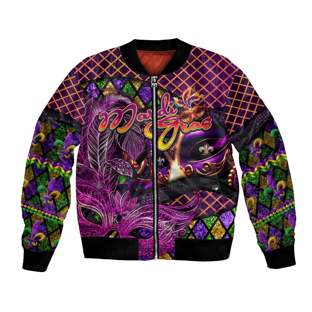 Happy Mardi Gras Bomber Jacket Mask Feather Colorfull