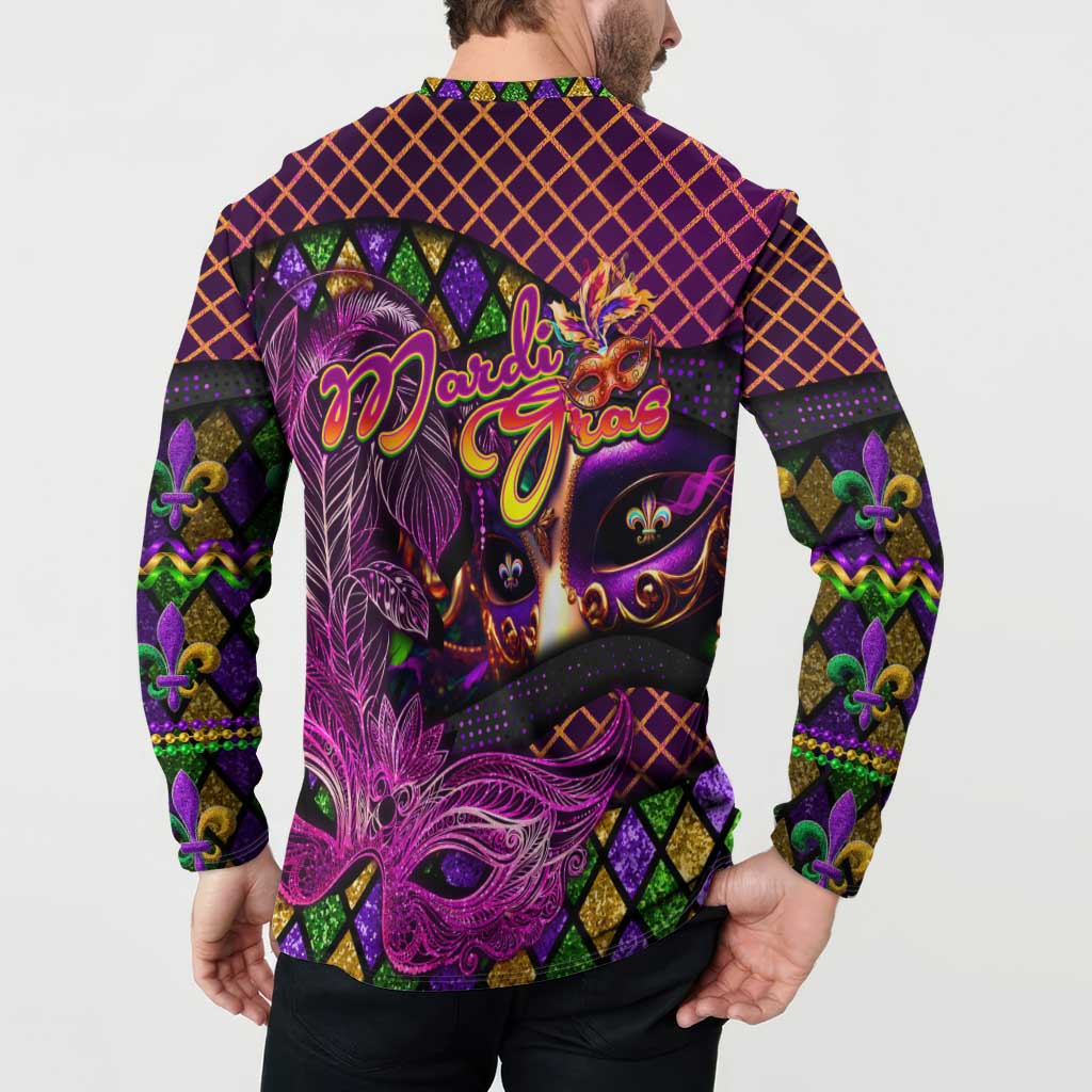 Happy Mardi Gras Button Sweatshirt Mask Feather Colorfull