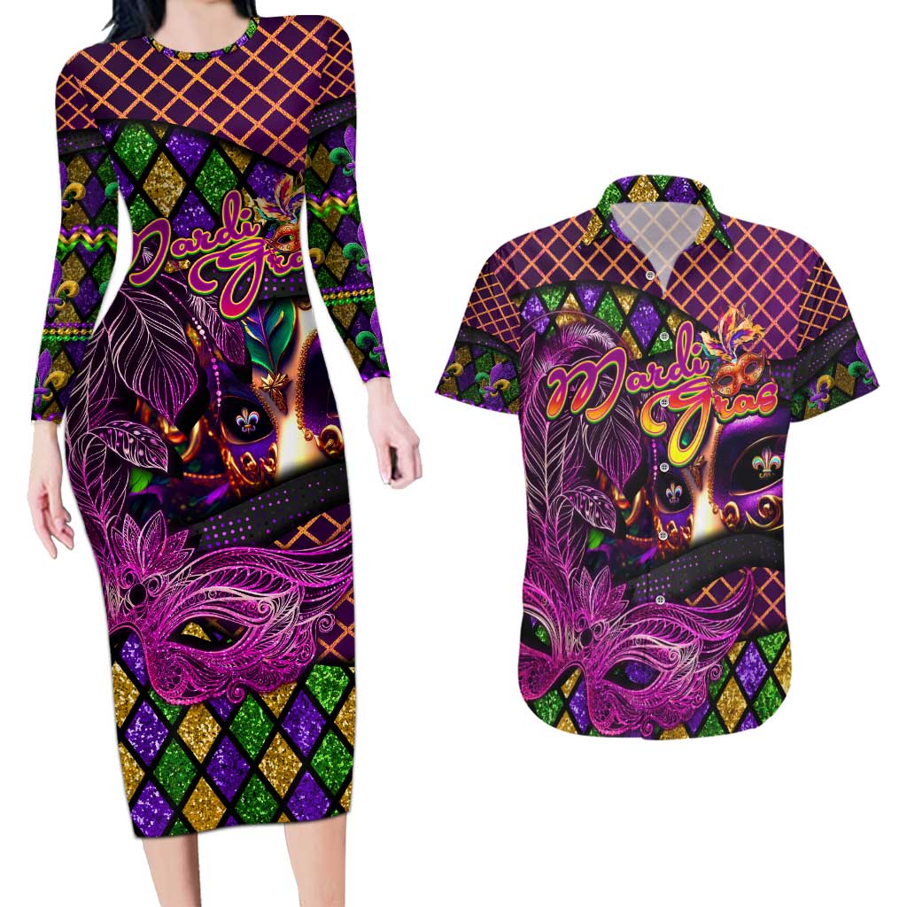 Happy Mardi Gras Couples Matching Long Sleeve Bodycon Dress and Hawaiian Shirt Mask Feather Colorfull