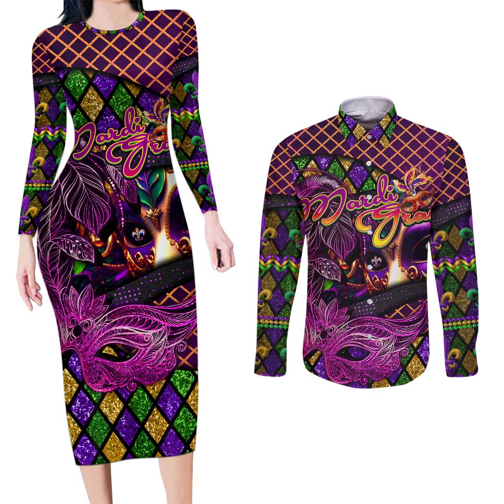 Happy Mardi Gras Couples Matching Long Sleeve Bodycon Dress and Long Sleeve Button Shirt Mask Feather Colorfull
