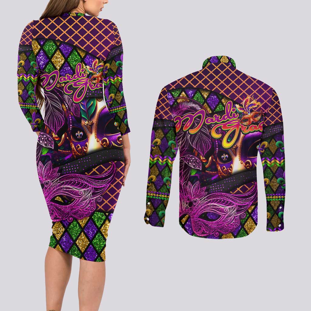 Happy Mardi Gras Couples Matching Long Sleeve Bodycon Dress and Long Sleeve Button Shirt Mask Feather Colorfull