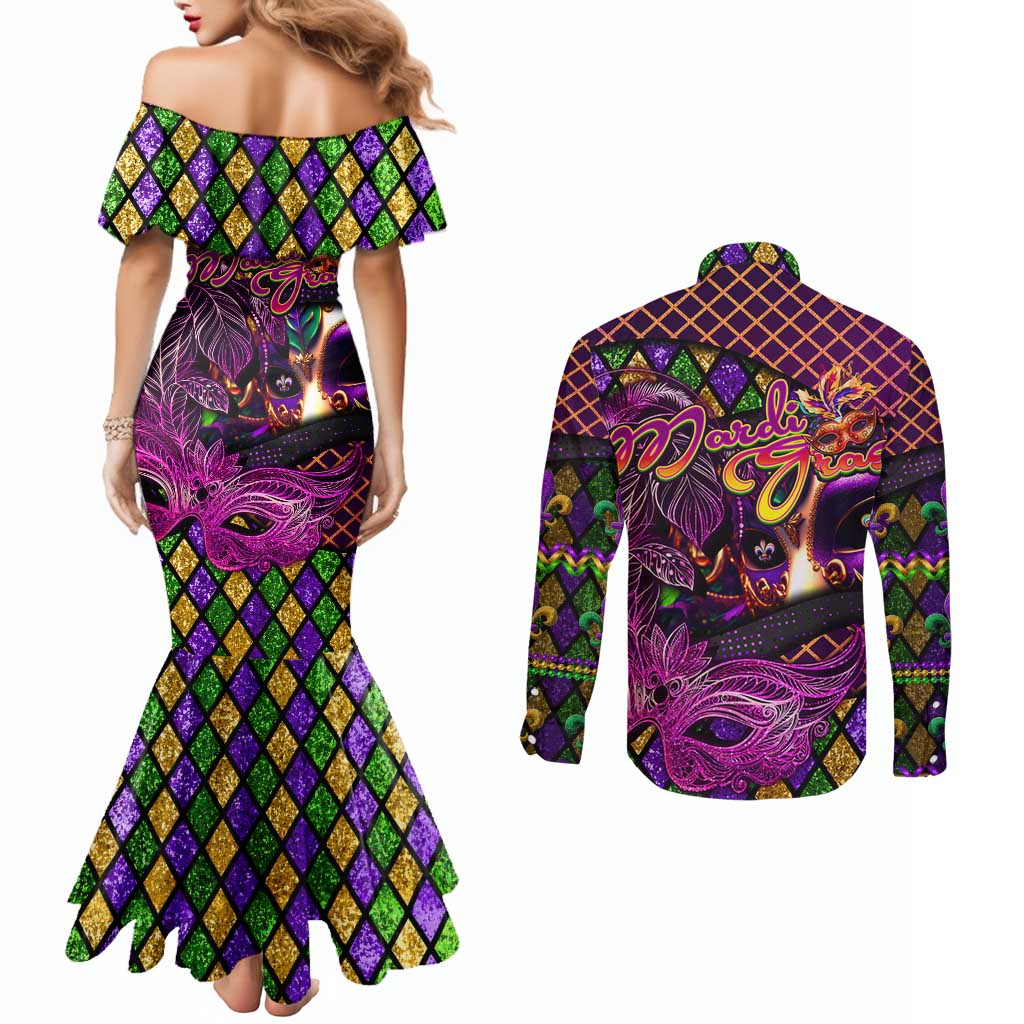 Happy Mardi Gras Couples Matching Mermaid Dress and Long Sleeve Button Shirt Mask Feather Colorfull