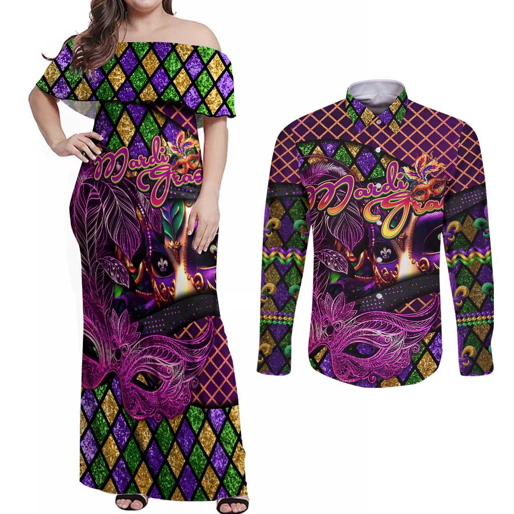 Happy Mardi Gras Couples Matching Off Shoulder Maxi Dress and Long Sleeve Button Shirt Mask Feather Colorfull