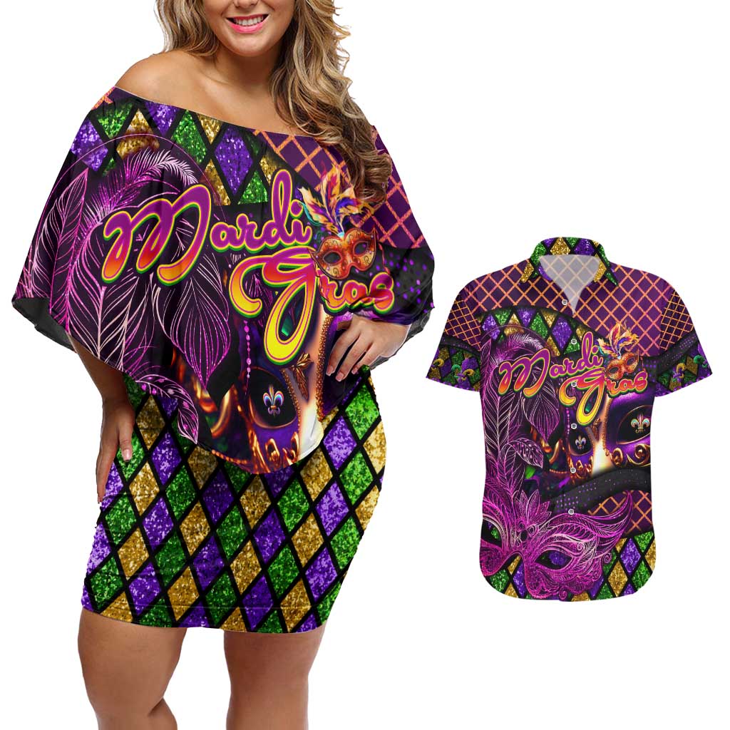 Happy Mardi Gras Couples Matching Off Shoulder Short Dress and Hawaiian Shirt Mask Feather Colorfull