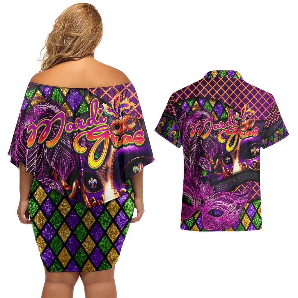 Happy Mardi Gras Couples Matching Off Shoulder Short Dress and Hawaiian Shirt Mask Feather Colorfull