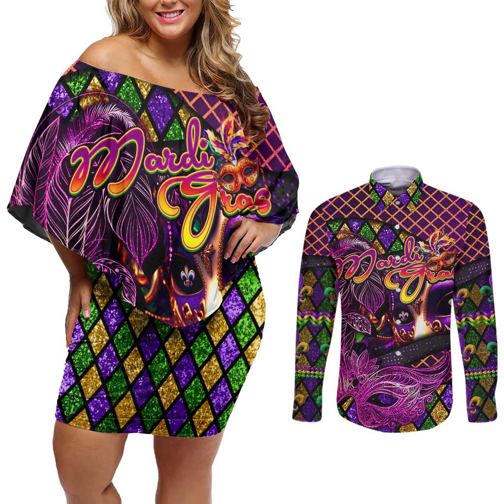 Happy Mardi Gras Couples Matching Off Shoulder Short Dress and Long Sleeve Button Shirt Mask Feather Colorfull