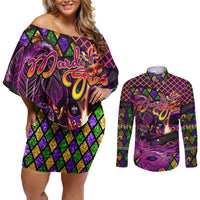 Happy Mardi Gras Couples Matching Off Shoulder Short Dress and Long Sleeve Button Shirt Mask Feather Colorfull