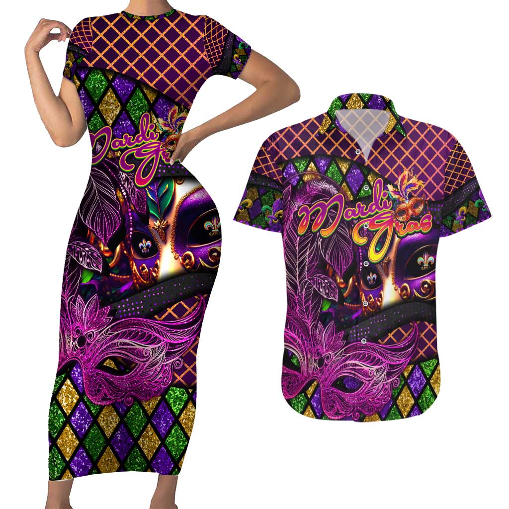 Happy Mardi Gras Couples Matching Short Sleeve Bodycon Dress and Hawaiian Shirt Mask Feather Colorfull