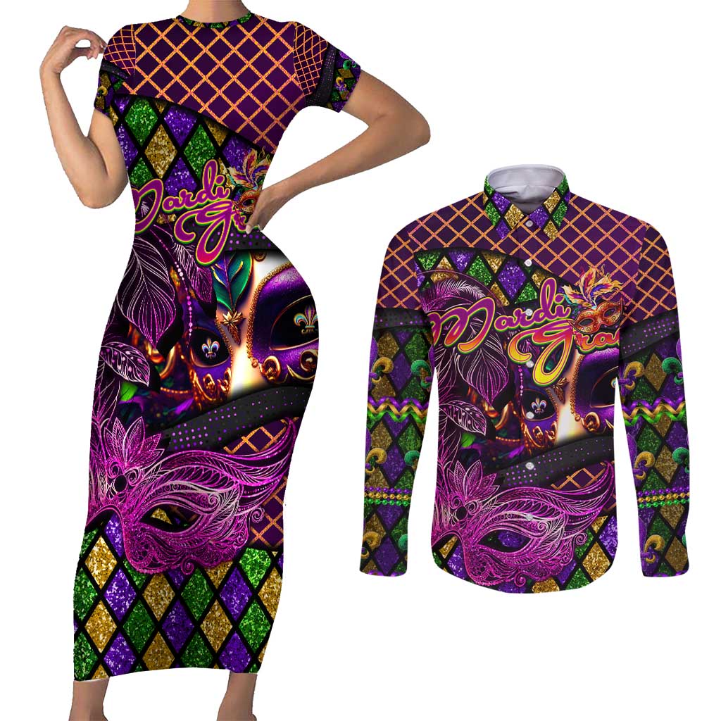 Happy Mardi Gras Couples Matching Short Sleeve Bodycon Dress and Long Sleeve Button Shirt Mask Feather Colorfull