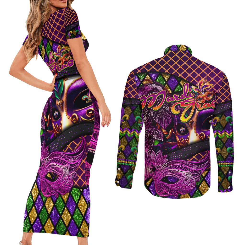Happy Mardi Gras Couples Matching Short Sleeve Bodycon Dress and Long Sleeve Button Shirt Mask Feather Colorfull