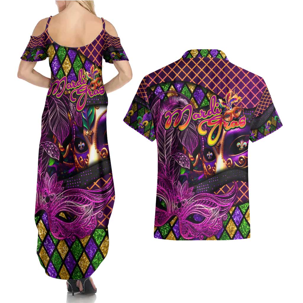 Happy Mardi Gras Couples Matching Summer Maxi Dress and Hawaiian Shirt Mask Feather Colorfull