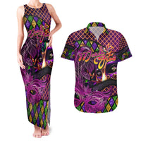 Happy Mardi Gras Couples Matching Tank Maxi Dress and Hawaiian Shirt Mask Feather Colorfull